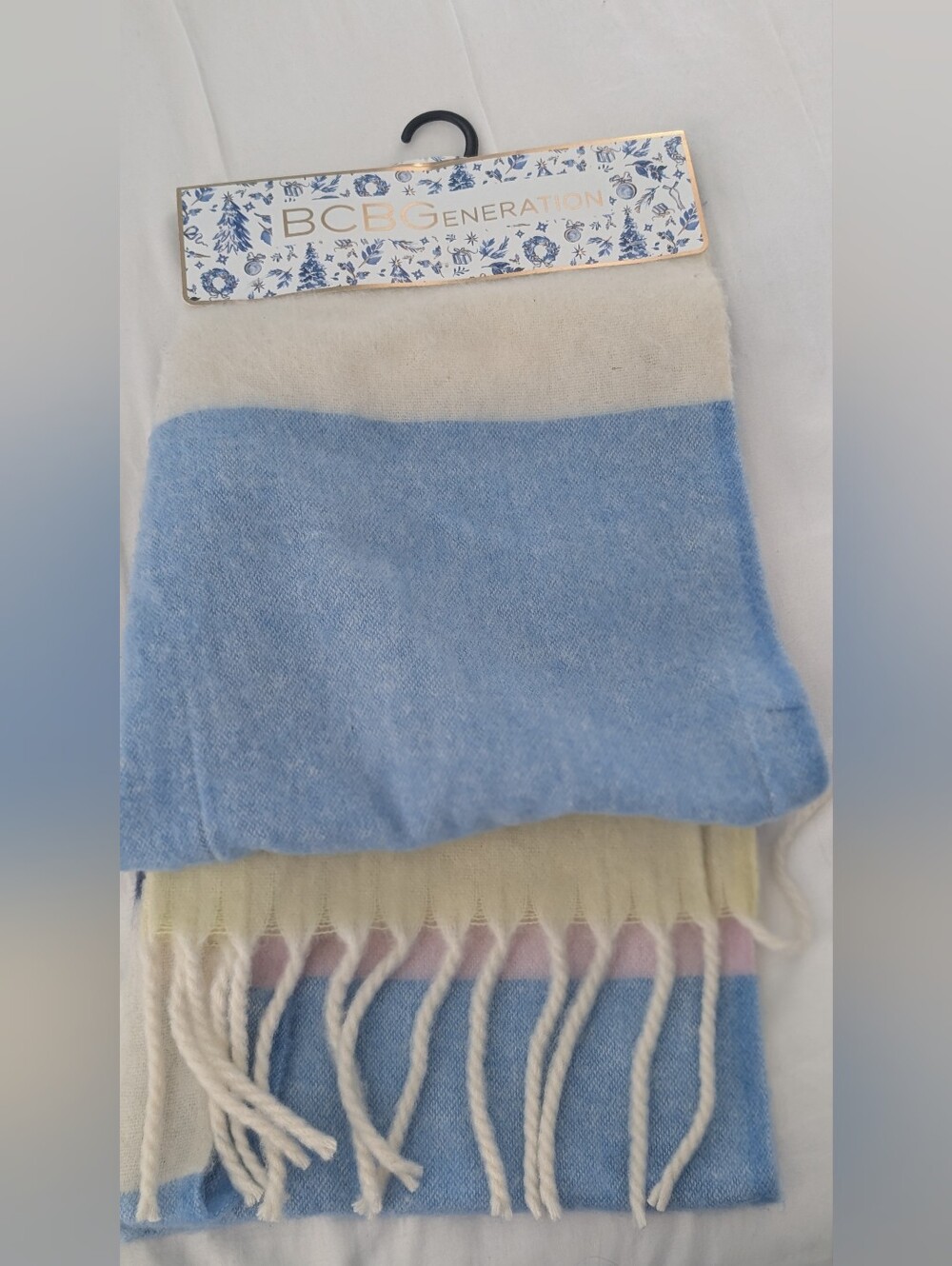 BCBGeneration Light Blue & Cream Fringe Colorblock Scarf